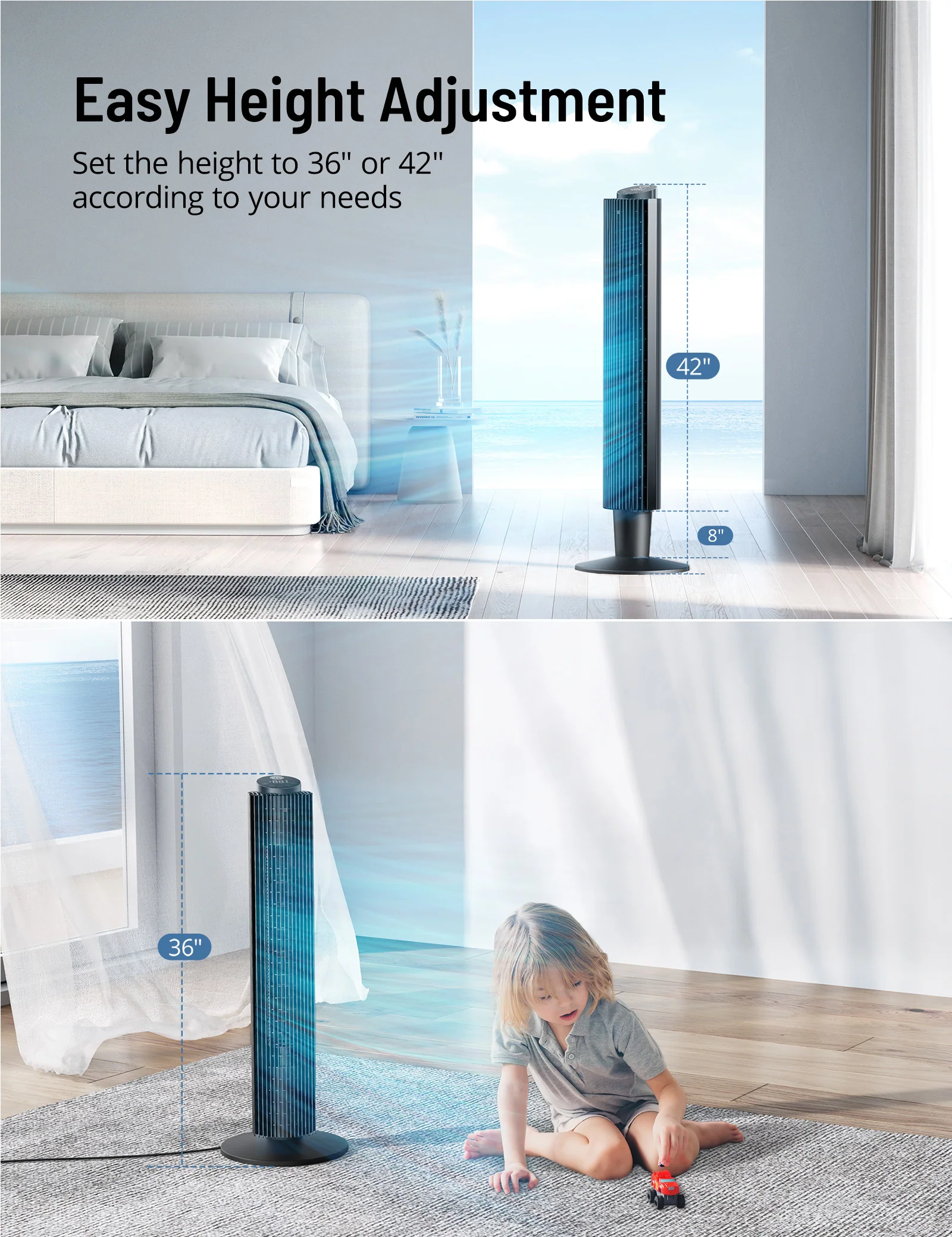 TaoTronics Oscillating Tower Fan PE-TF005, 42” or 36” Height Adjustable - Image 4