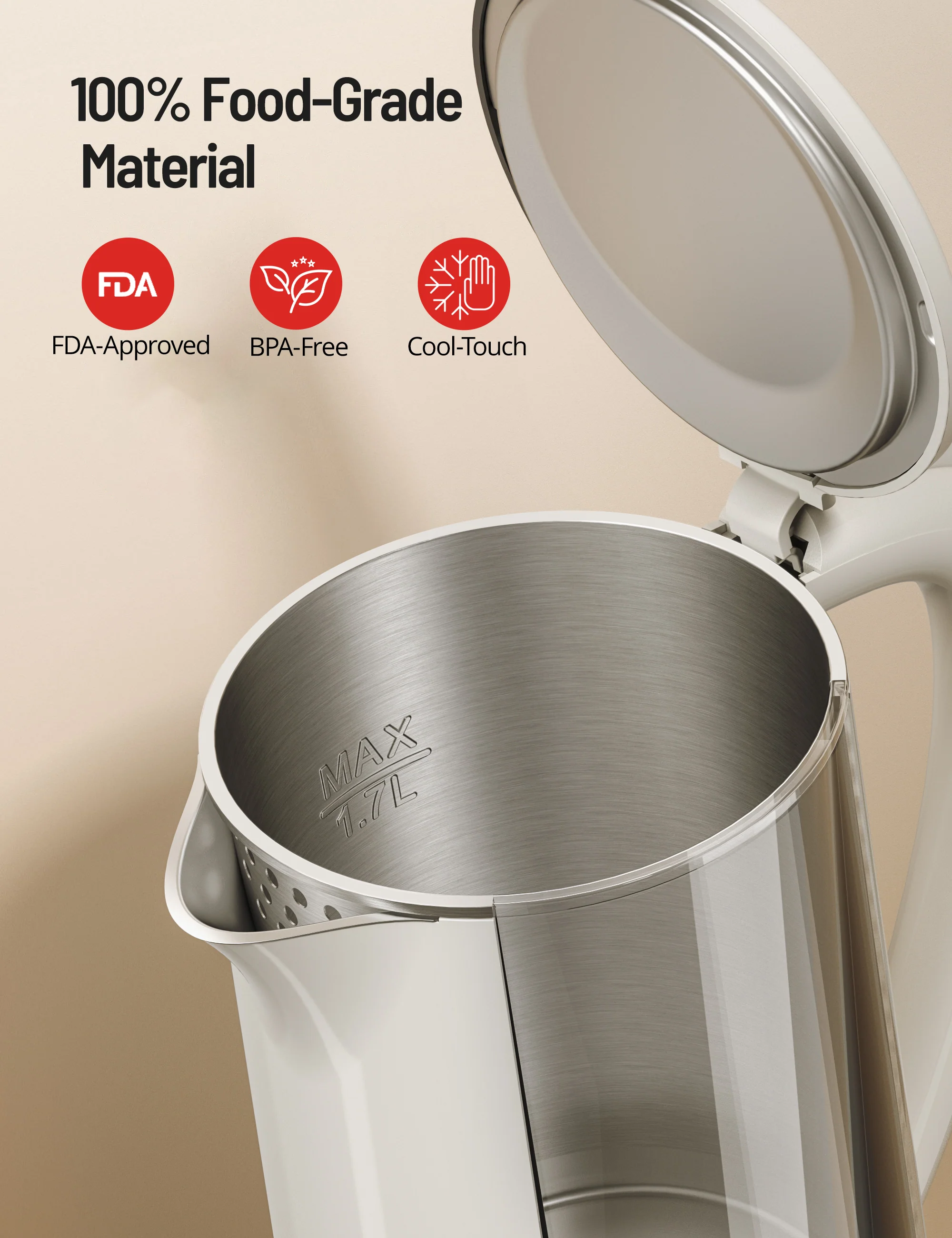 TaoTronics Electric Kettle 1.7L 1500W for Tea and Coffee, BPA-Free, Auto Shut-Off PE-EK022 - Image 3