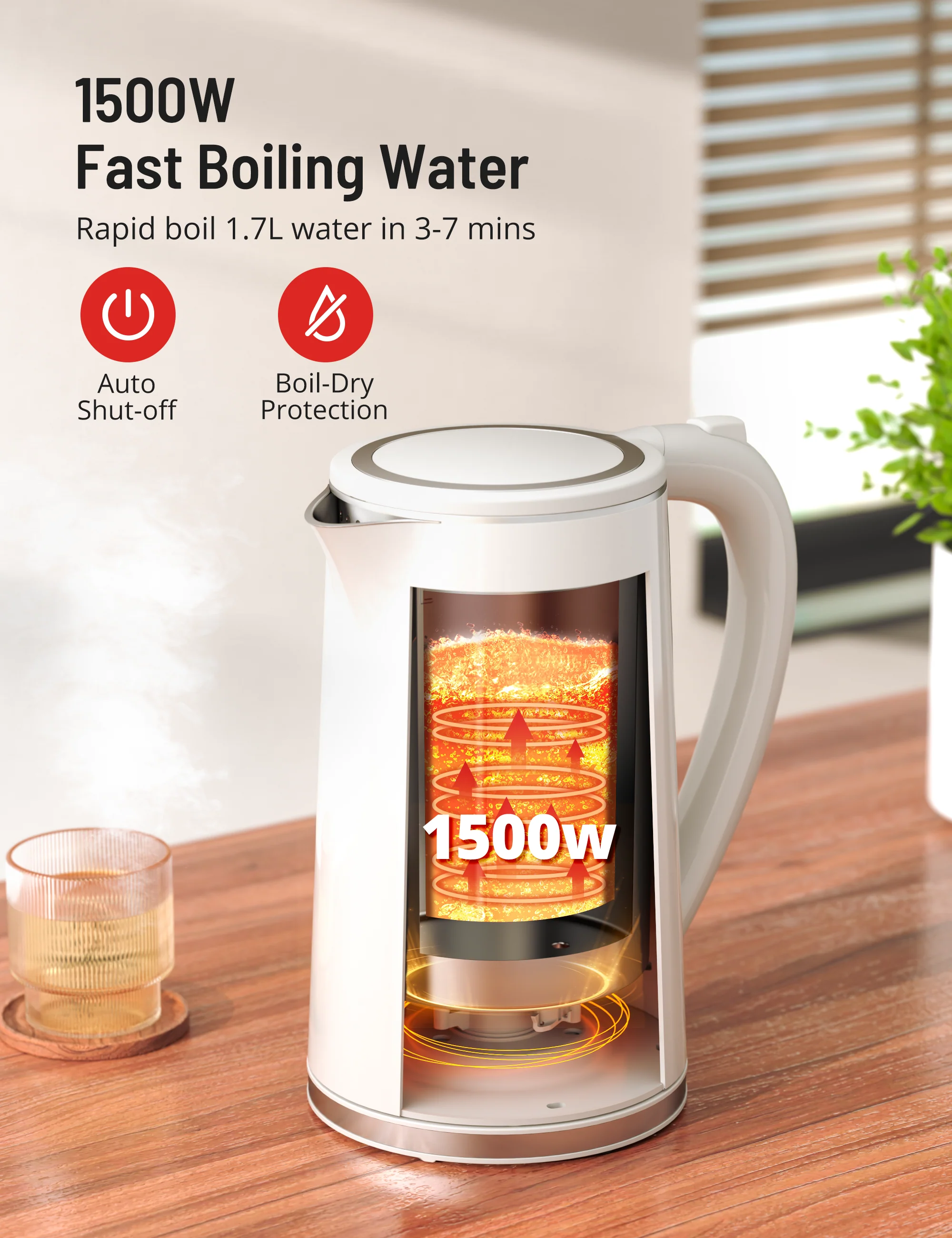 TaoTronics Electric Kettle 1.7L 1500W for Tea and Coffee, BPA-Free, Auto Shut-Off PE-EK022 - Image 4