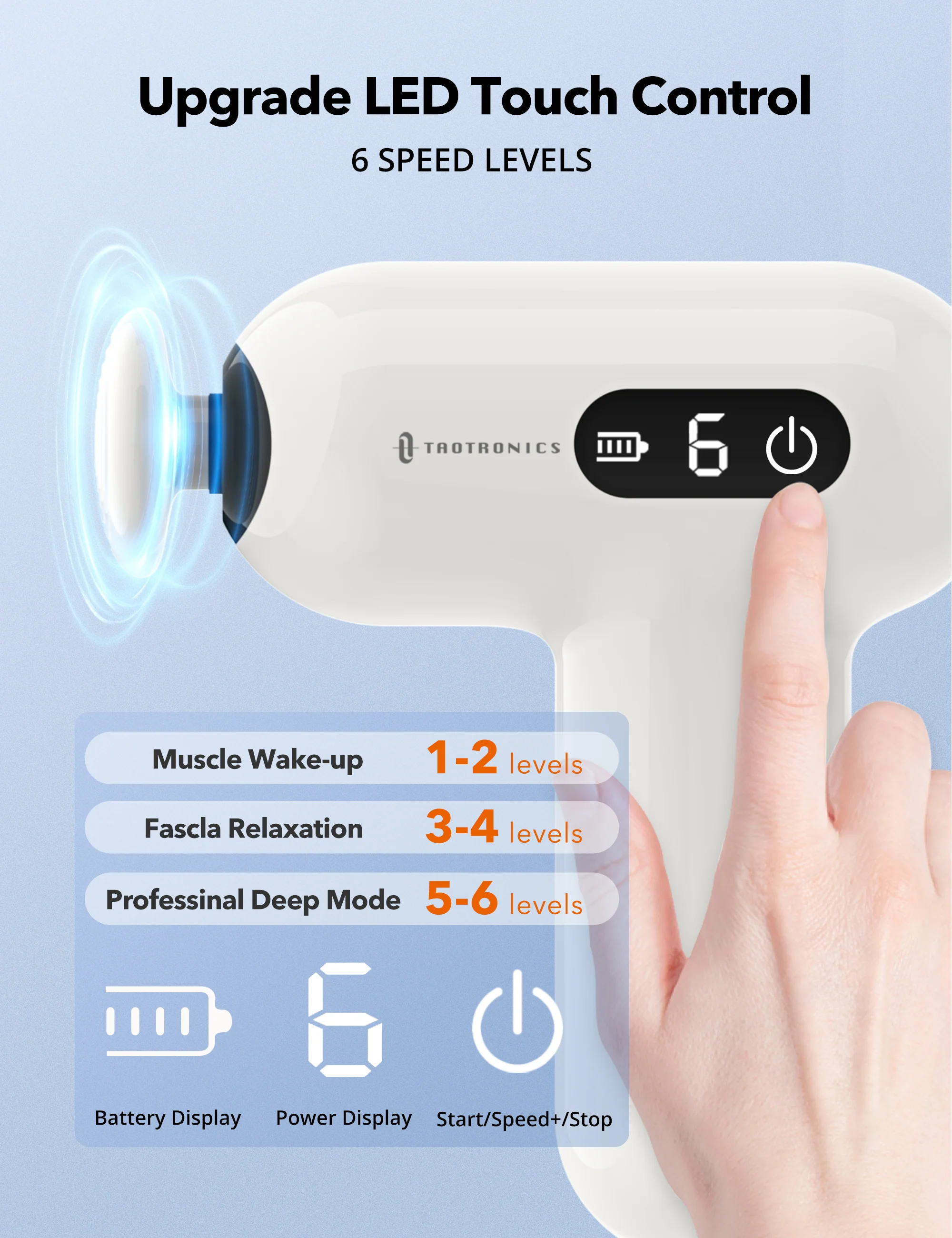 TaoTronics | Massage Gun TT-PCA005, LED Touch Control Massager - Image 5