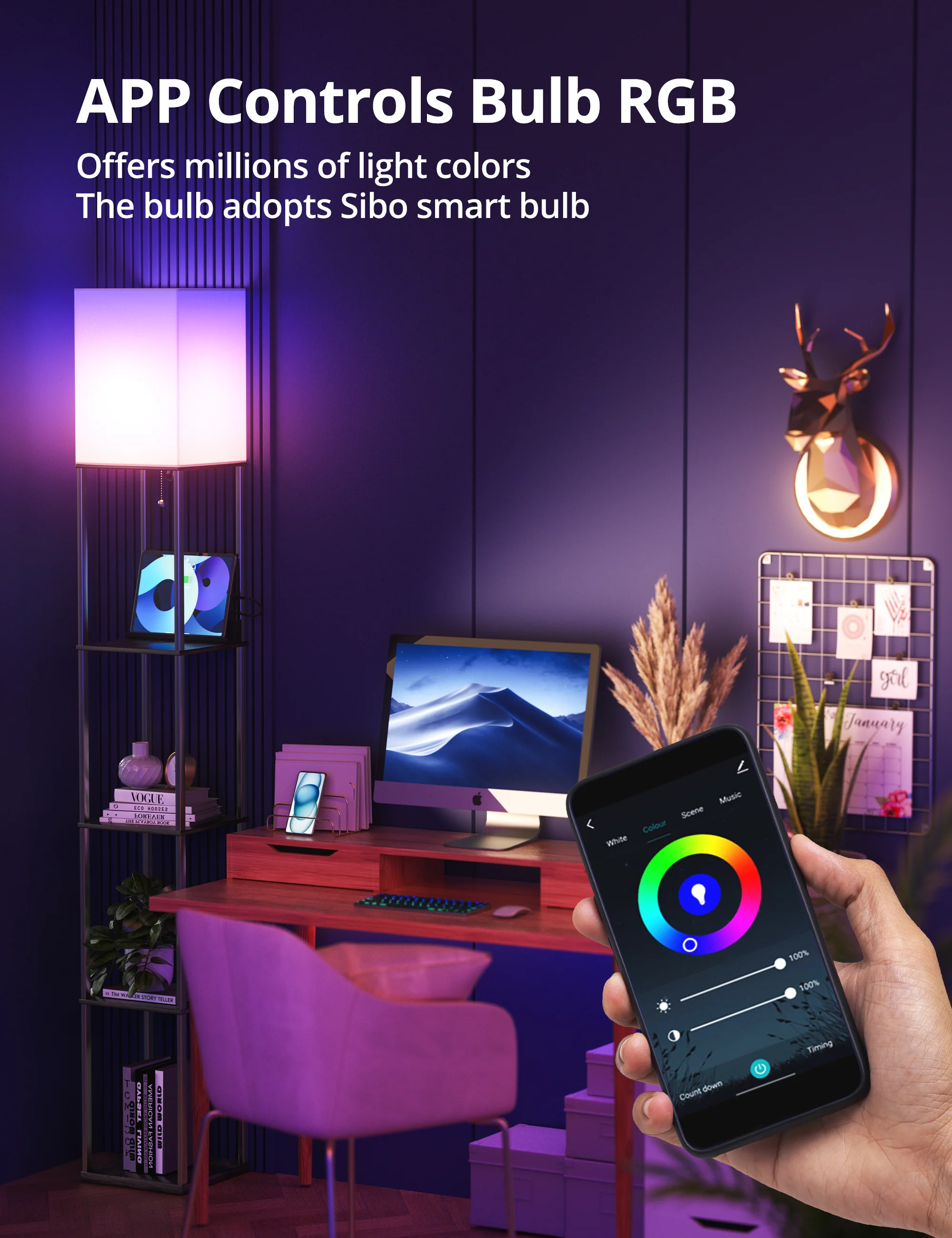 TaoTronics Smart RGB Floor Lamp with Shelves NB-DL004, Dimmable Solid Wood Standing Lamp with 1 Smart Bulb - Image 4