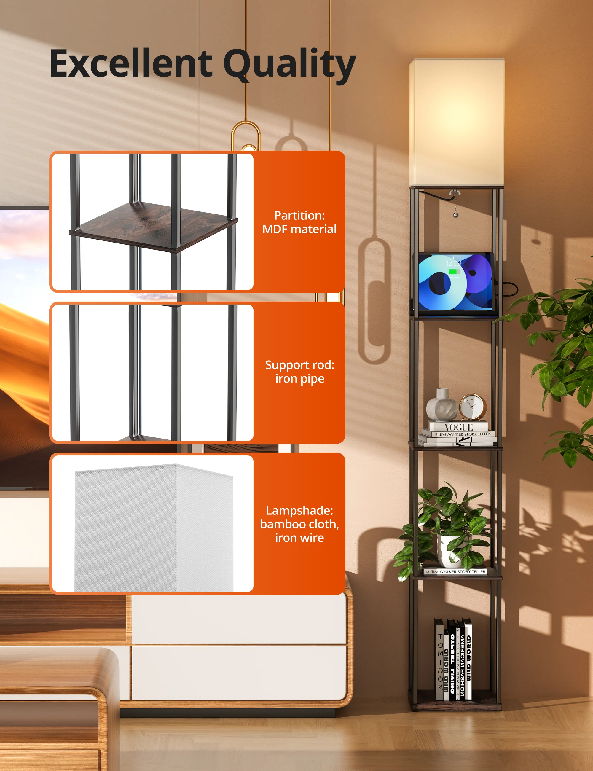 TaoTronics Smart RGB Floor Lamp with Shelves NB-DL004, Dimmable Solid Wood Standing Lamp with 1 Smart Bulb - Image 5