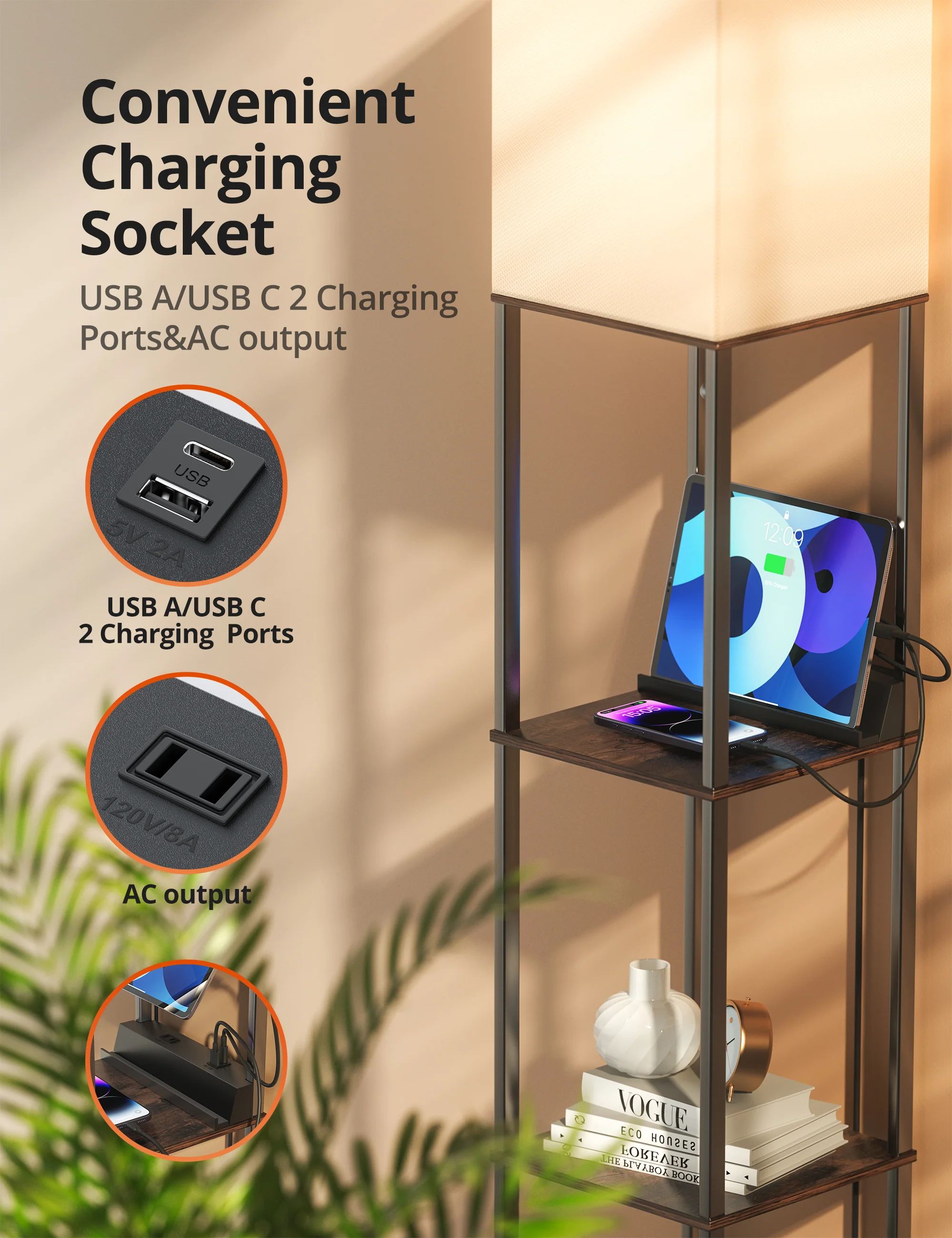 TaoTronics Smart RGB Floor Lamp with Shelves NB-DL004, Dimmable Solid Wood Standing Lamp with 1 Smart Bulb - Image 6
