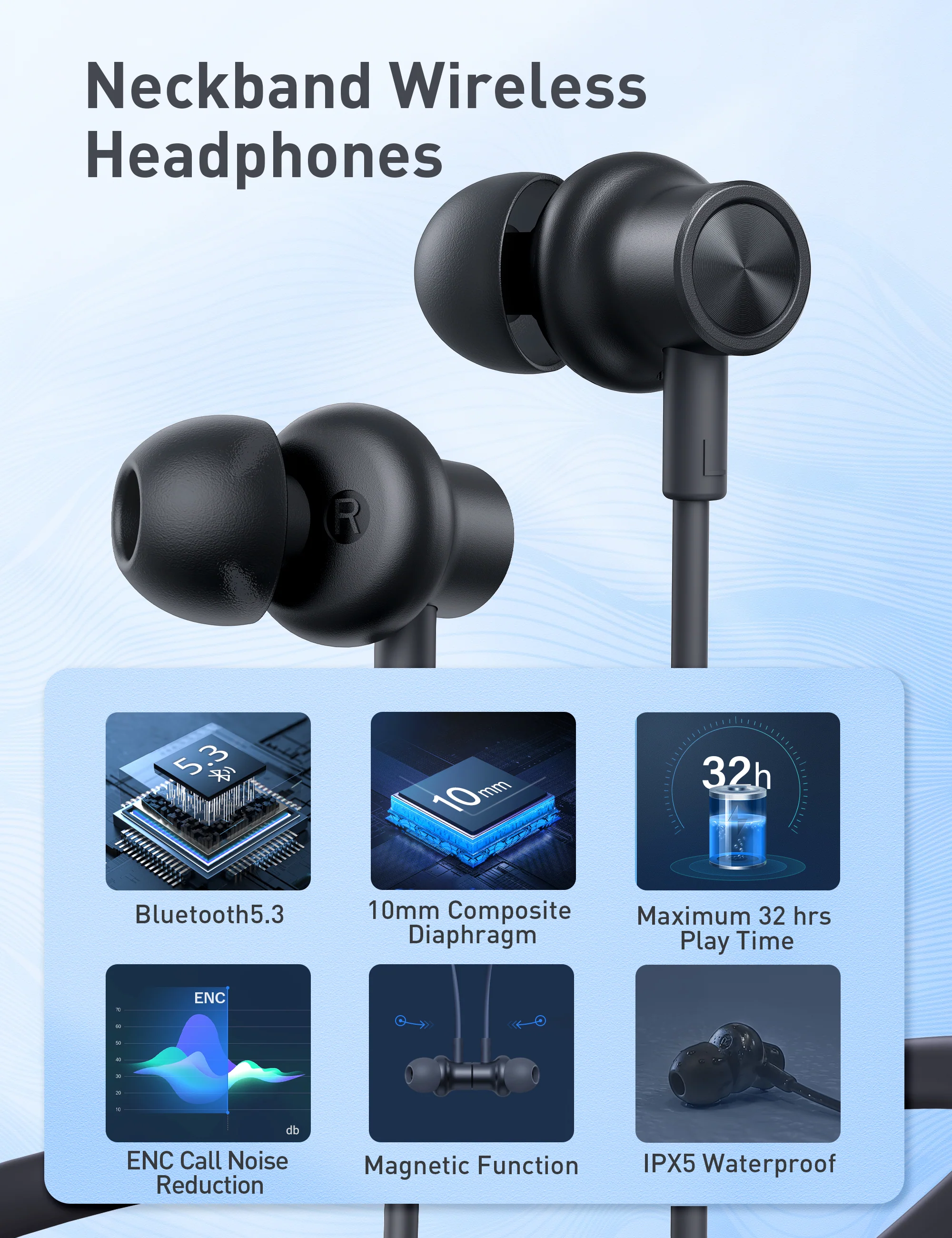 Taotronics | NB-BH115 Wireless Neckband Earbuds with Mics Bluetooth 5.3 Magnetic Headphones - Image 6