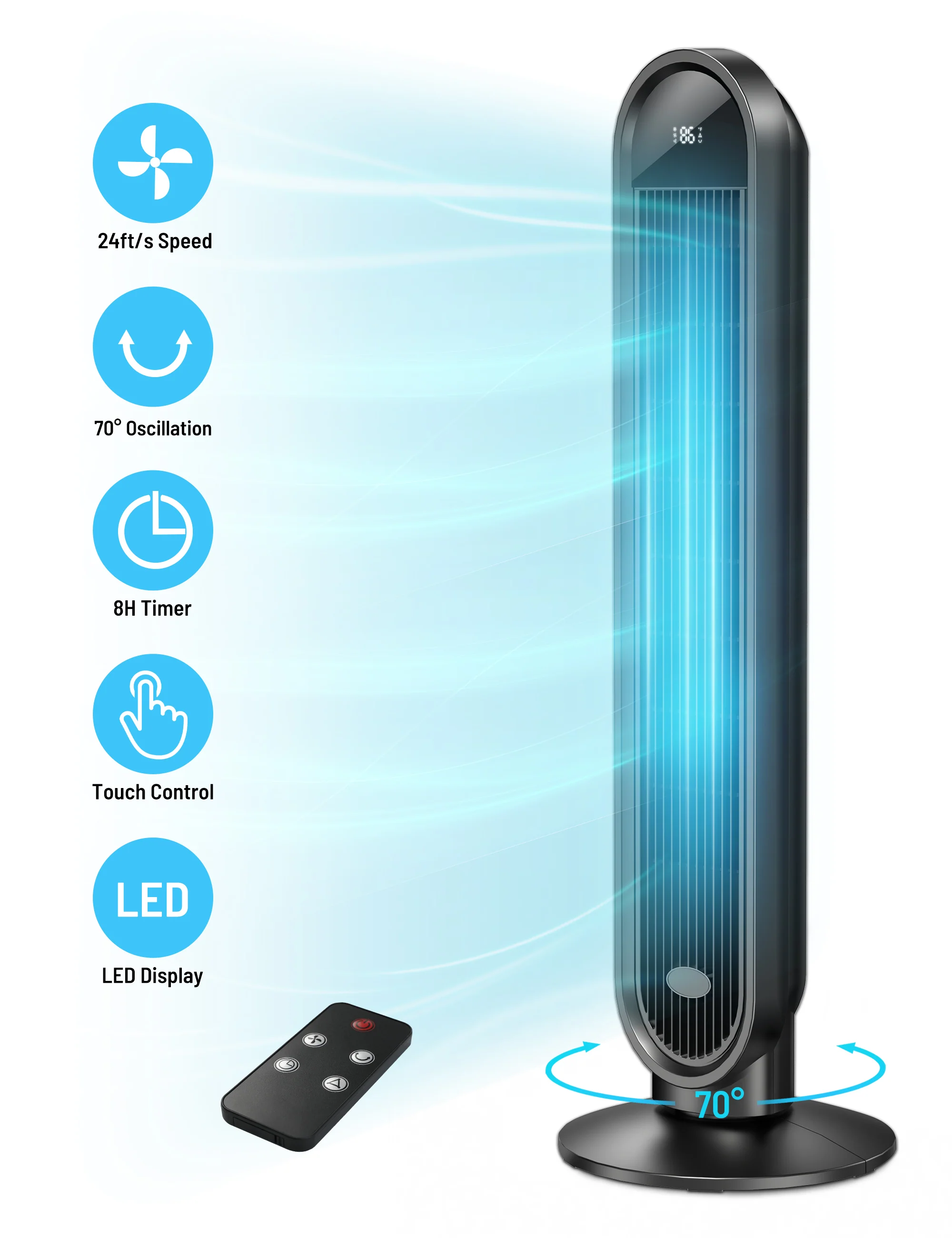 TaoTronics 38” Oscillating Tower Fan with Remote, LED Display Cooling Tower Fan for Bedroom, Living Room, Offices & Kitchen PE-TF033 - Image 3