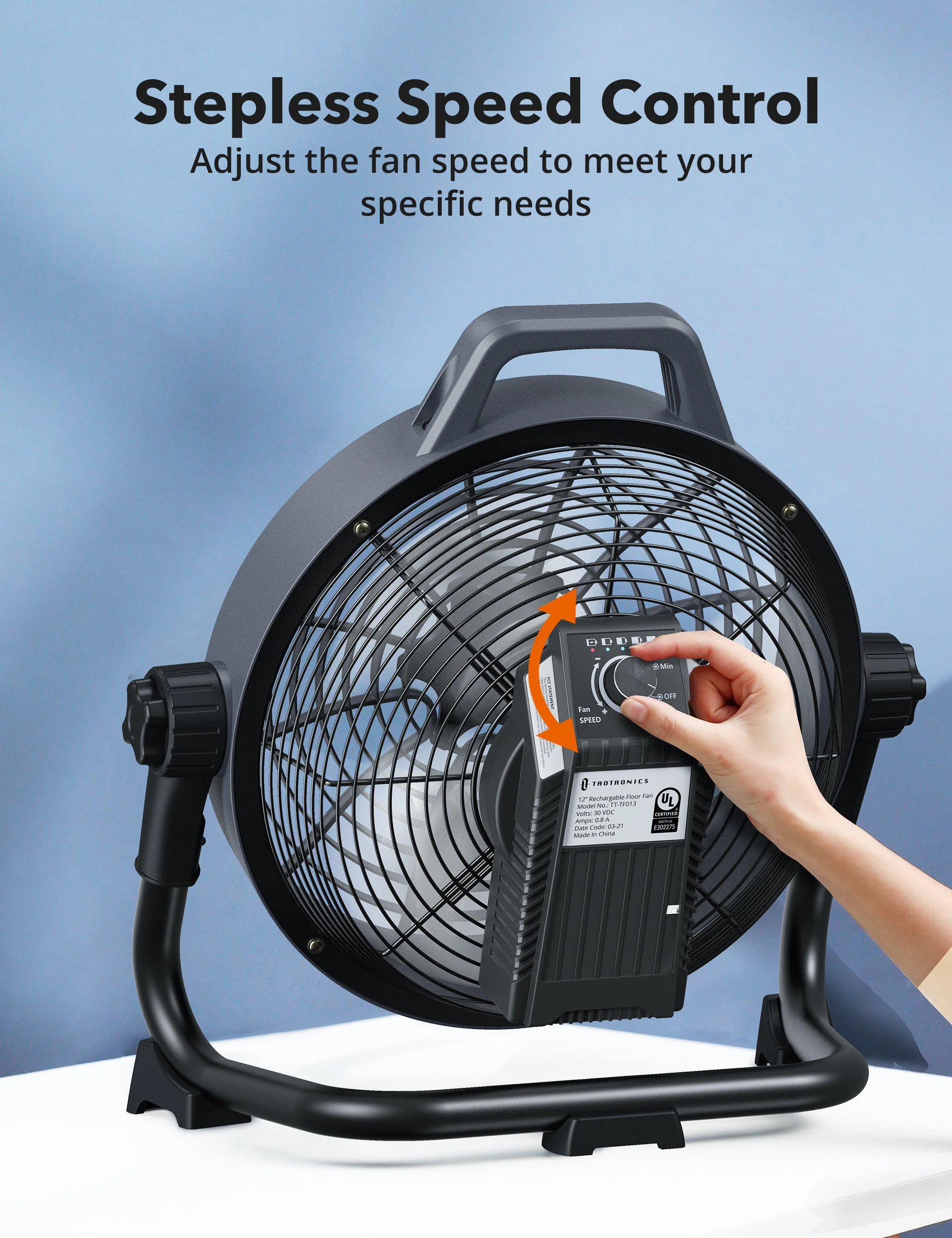 TaoTronics Floor Fan TT-TF013, 17850mAh Battery Outdoor Portable Fab, Stepless Speed Control, 220° Adjustable Head - Image 6